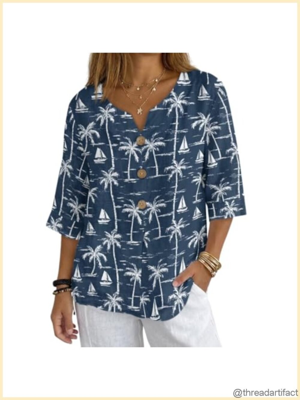 Women's 3/4 Sleeve V-Neck Tunic Top Loose Fit Pullover Blouse